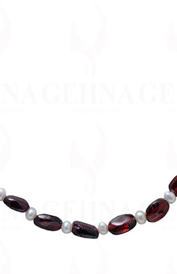 Fresh Water Pearl & Garnet Gemstone Oval Shape Bead Necklace NM-1043