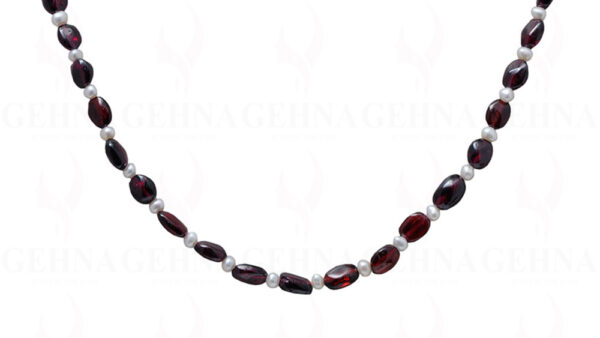 Fresh Water Pearl & Garnet Gemstone Oval Shape Bead Necklace NM-1043