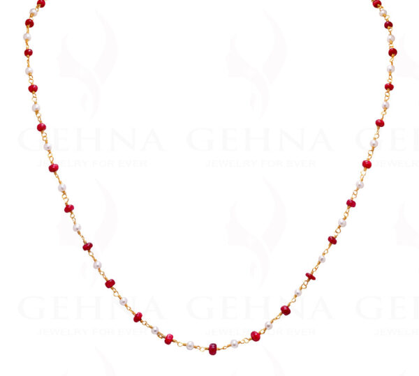 Pearl & Ruby Cabochon Gemstone Bead Chain In .925 Sterling Silver Cm1044