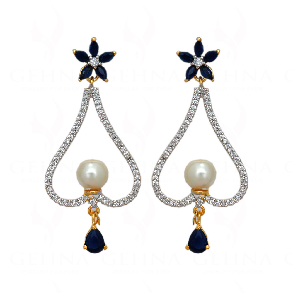 Pearl, Simulated Diamond & Sapphire Studded Festive Earrings FE-1044