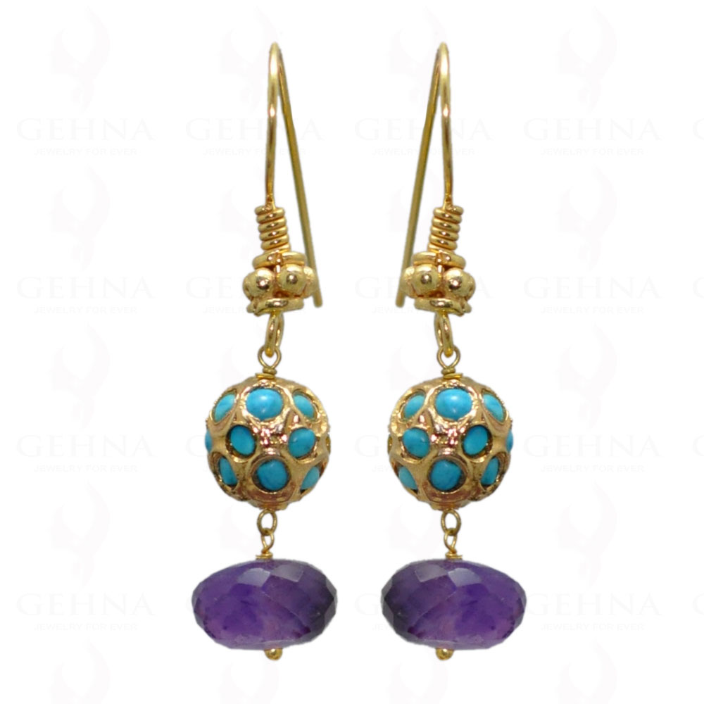 Amethyst Gemstone Bead Earrings With Turquoise Studded Jadau Ball LE01-1044