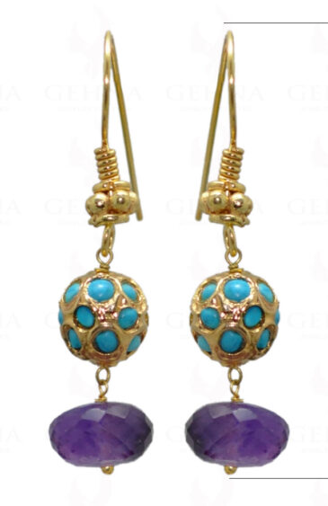 Amethyst Gemstone Bead Earrings With Turquoise Studded Jadau Ball LE01-1044