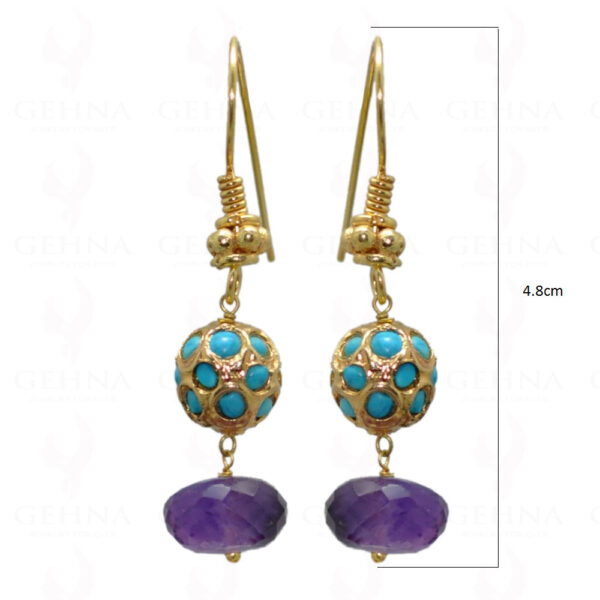 Amethyst Gemstone Bead Earrings With Turquoise Studded Jadau Ball LE01-1044