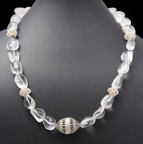 Rock-Crystal Gemstone Tumble Bead Necklace With Silver Element NS-1044