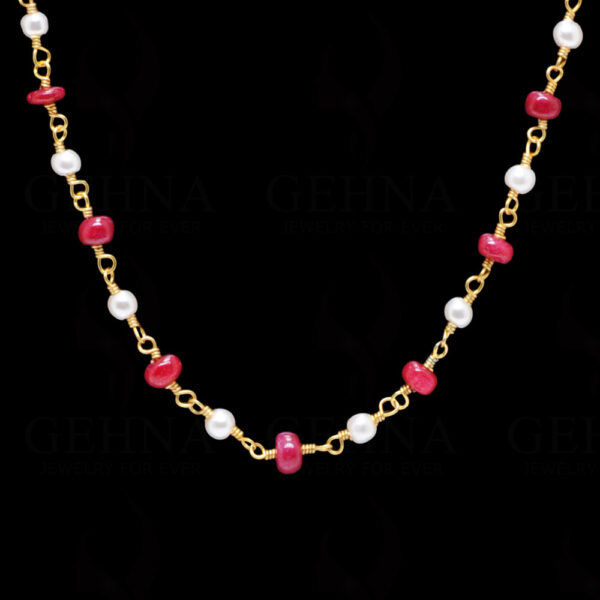 Pearl & Ruby Cabochon Gemstone Bead Chain In .925 Sterling Silver Cm1044