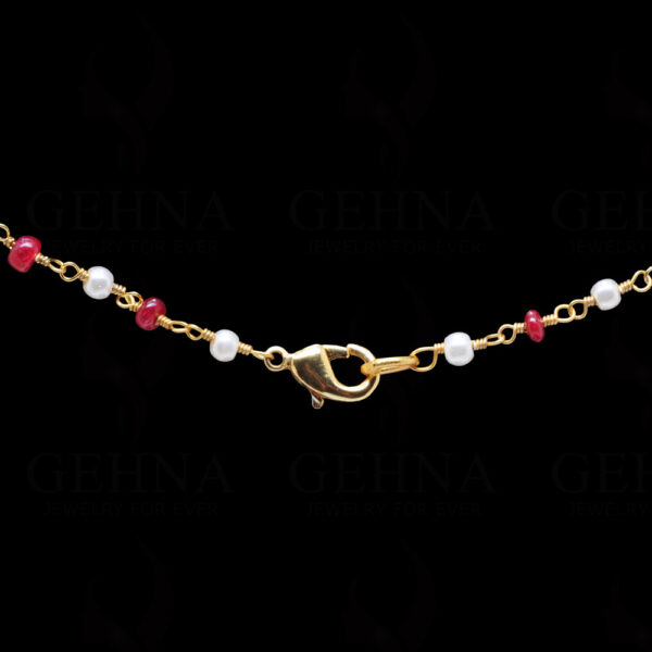 Pearl & Ruby Cabochon Gemstone Bead Chain In .925 Sterling Silver Cm1044