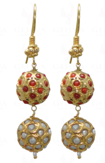 Pearl & Coral Stone Studded Jadau Ball Earrings LE01-1045