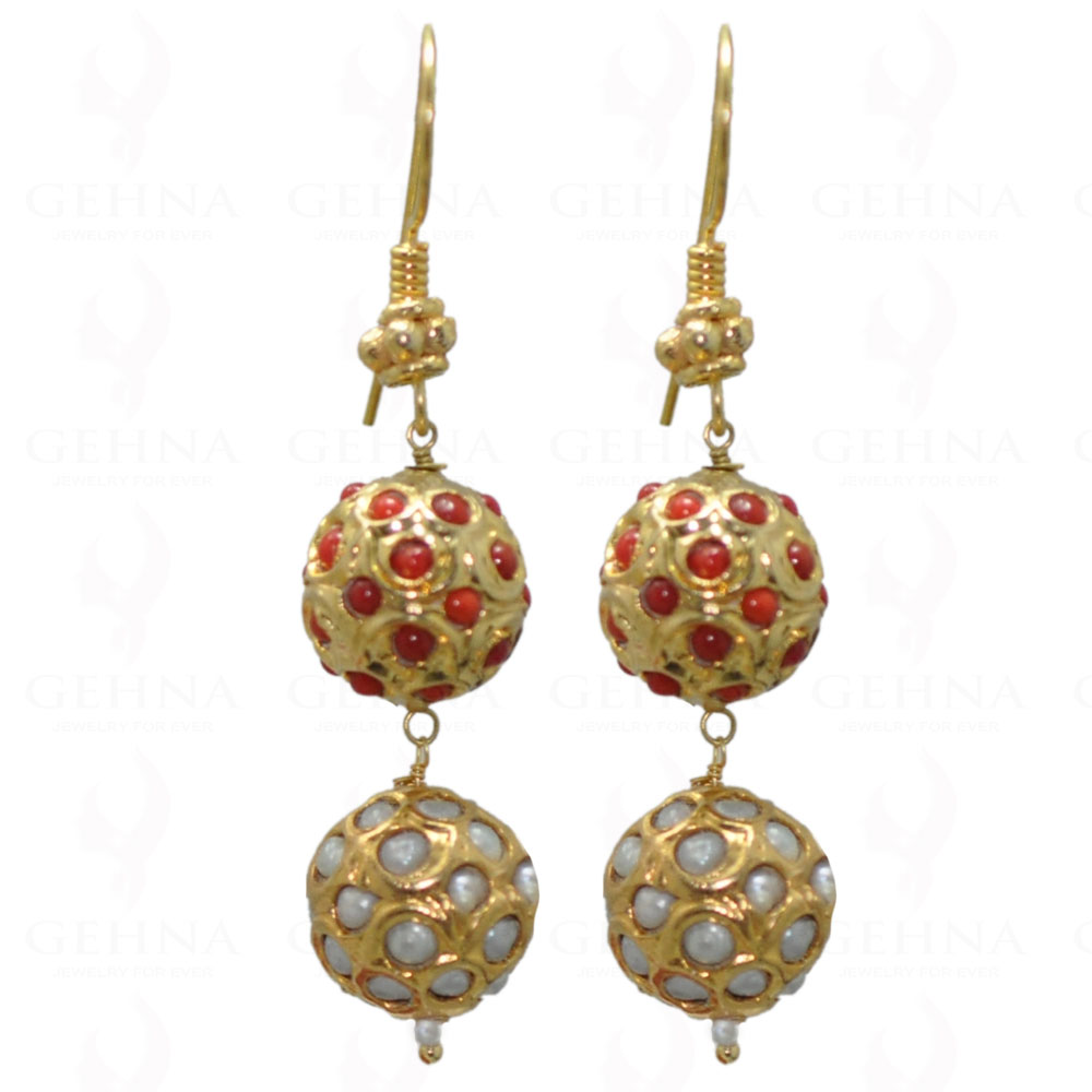 Pearl & Coral Stone Studded Jadau Ball Earrings LE01-1045