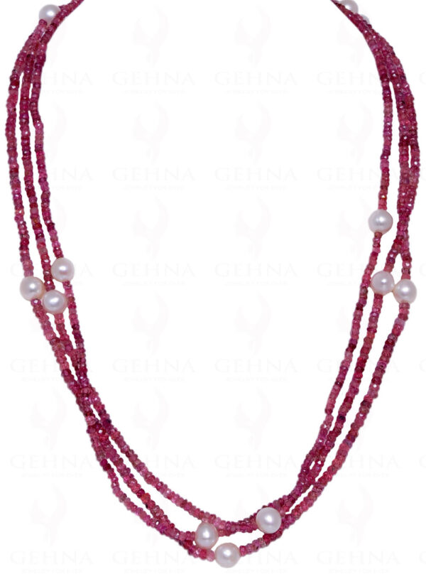 62" Inches Long Pearl & Pink Tourmaline Faceted Bead Necklace  NM-1045