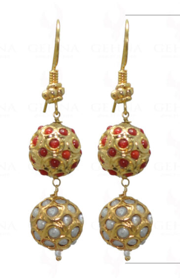 Pearl & Coral Stone Studded Jadau Ball Earrings LE01-1045