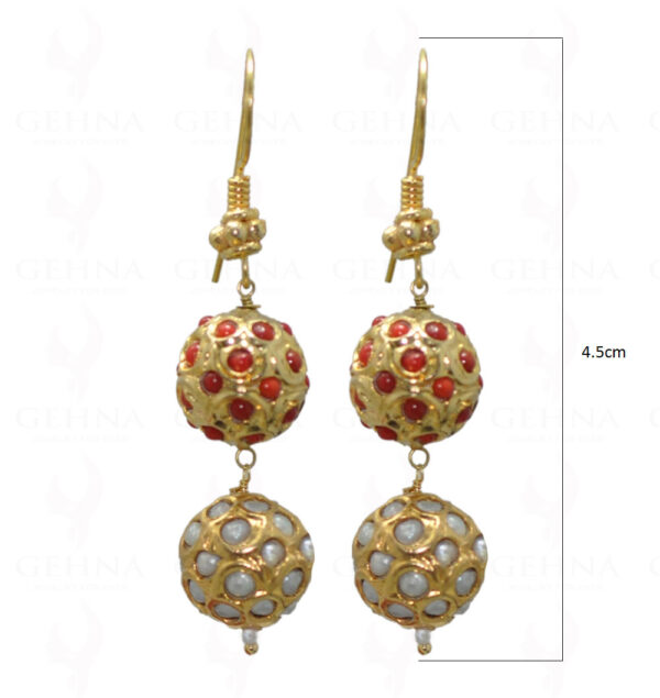 Pearl & Coral Stone Studded Jadau Ball Earrings LE01-1045