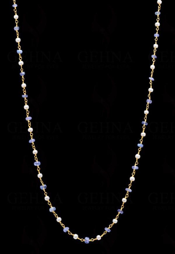 18" Pearl & Blue Sapphire Gemstone  Chain In .925 Sterling Silver Cm1045