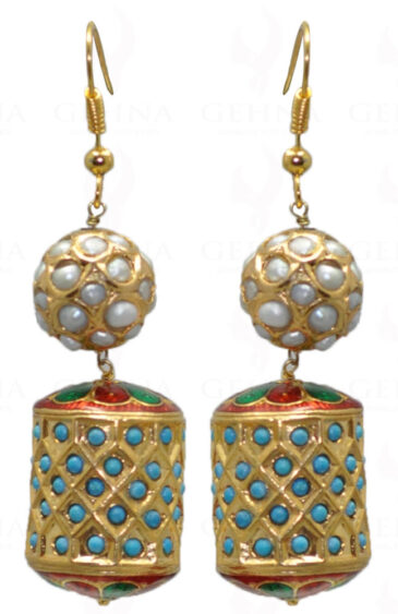 Pearl Studded Ball & Turquoise Studded Jadau Drum Earrings LE01-1046