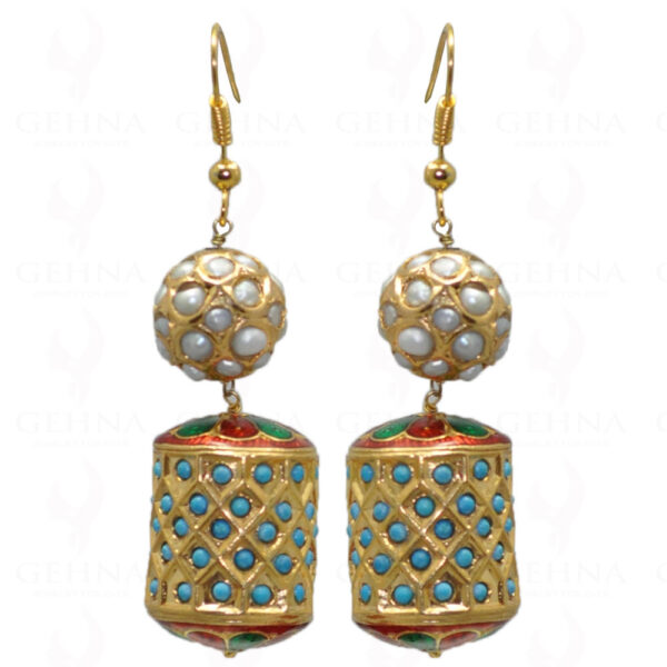 Pearl Studded Ball & Turquoise Studded Jadau Drum Earrings LE01-1046