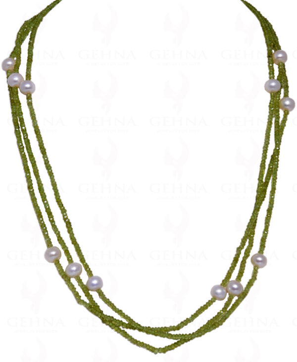 62" Inches Long Pearl & Peridot Faceted Bead Necklace  NM-1046