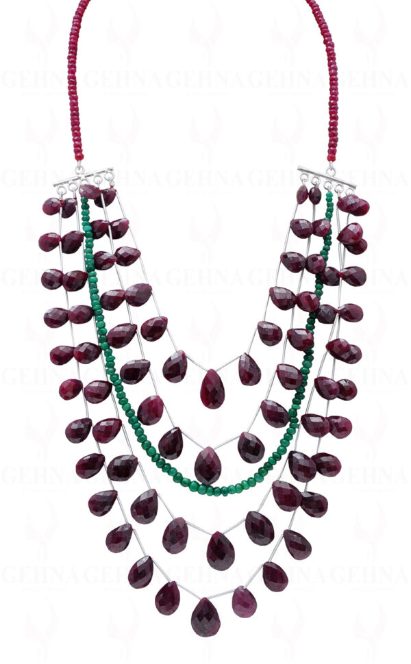 A Necklace Of Natural Emerald & Ruby Gemstone Almond Shaped Bead NP-1046