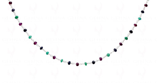 Multi-Color Precious Gemstone Bead Chain Linked In .925 Sterling Silver CP-1046