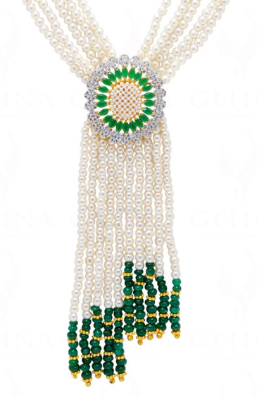 Pearl & Emerald Pendant With 5 Rows Tassel Style Bead Necklace Set FN-1046