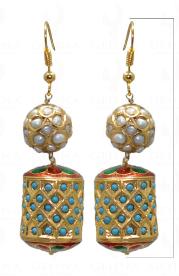 Pearl Studded Ball & Turquoise Studded Jadau Drum Earrings LE01-1046