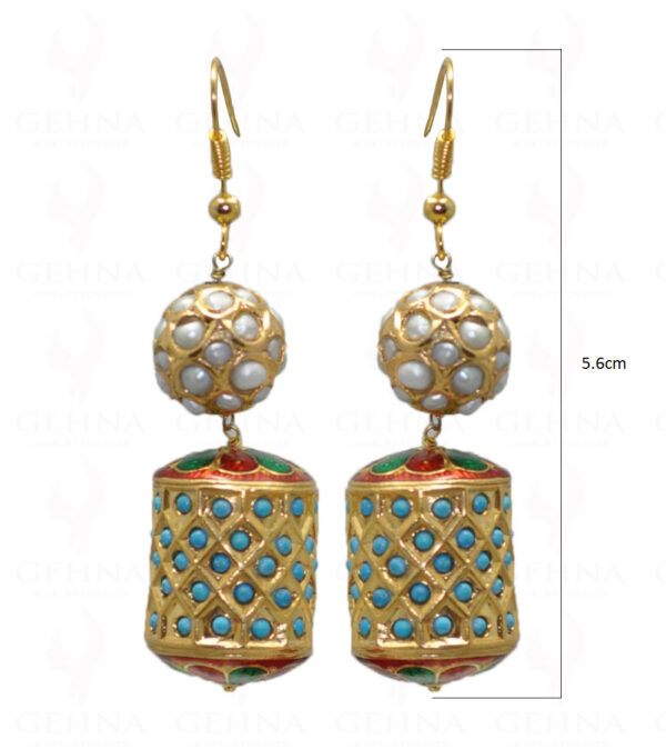 Pearl Studded Ball & Turquoise Studded Jadau Drum Earrings LE01-1046