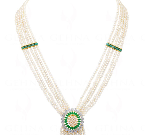 Pearl & Emerald Pendant With 5 Rows Tassel Style Bead Necklace Set FN-1046