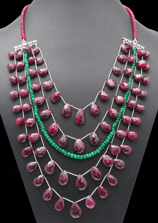 A Necklace Of Natural Emerald & Ruby Gemstone Almond Shaped Bead NP-1046