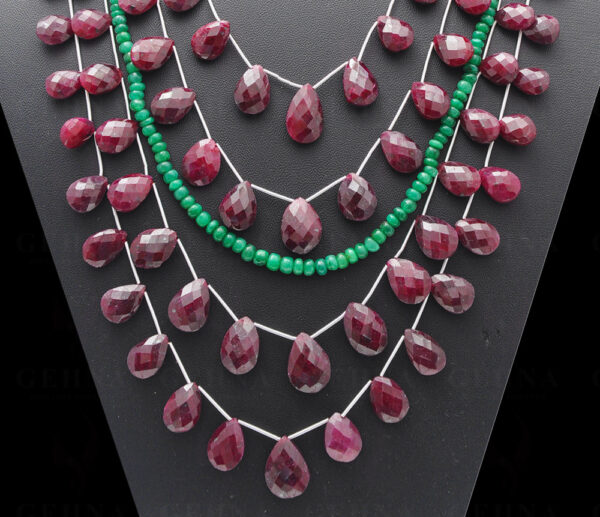 A Necklace Of Natural Emerald & Ruby Gemstone Almond Shaped Bead NP-1046