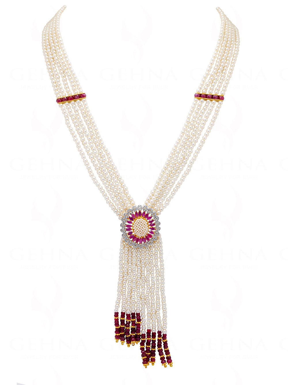 Ruby & Pearl Pendant With 5 Rows Tassel Necklace & Earrings Set FN-1047