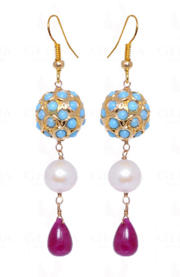 Pearl & Ruby Gemstone Bead Earrings With Turquoise Studded Jadau Ball LE01-1047