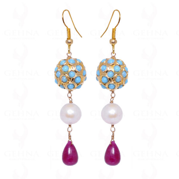 Pearl & Ruby Gemstone Bead Earrings With Turquoise Studded Jadau Ball LE01-1047