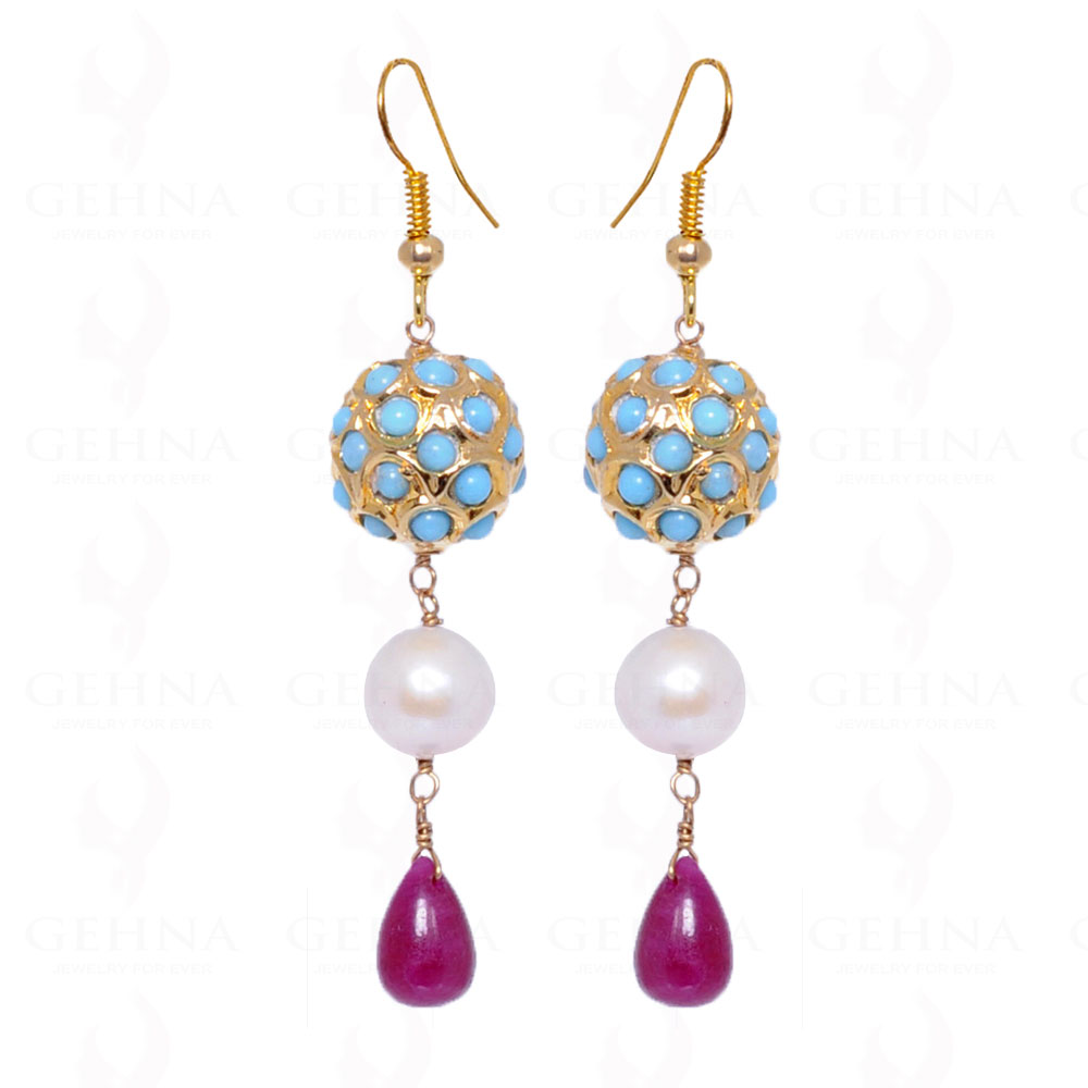 Pearl & Ruby Gemstone Bead Earrings With Turquoise Studded Jadau Ball LE01-1047