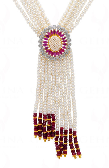 Ruby & Pearl Pendant With 5 Rows Tassel Necklace & Earrings Set FN-1047