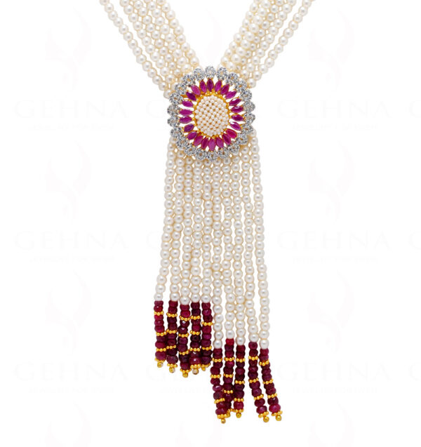 Ruby & Pearl Pendant With 5 Rows Tassel Necklace & Earrings Set FN-1047