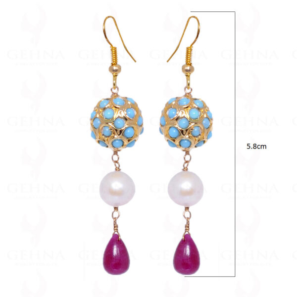 Pearl & Ruby Gemstone Bead Earrings With Turquoise Studded Jadau Ball LE01-1047