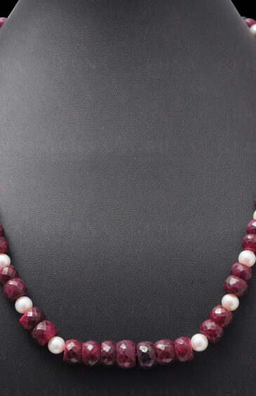 Pearl & 5-8 Mm Ruby Gemstone Faceted Bead Necklace NM-1047