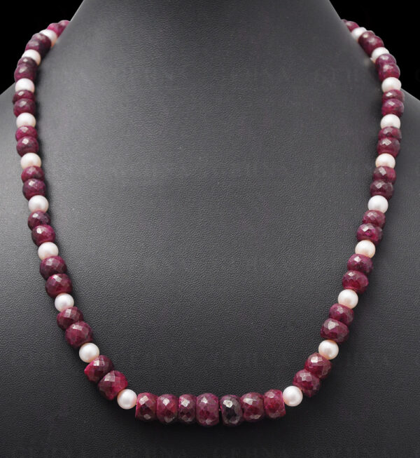 Pearl & 5-8 Mm Ruby Gemstone Faceted Bead Necklace NM-1047