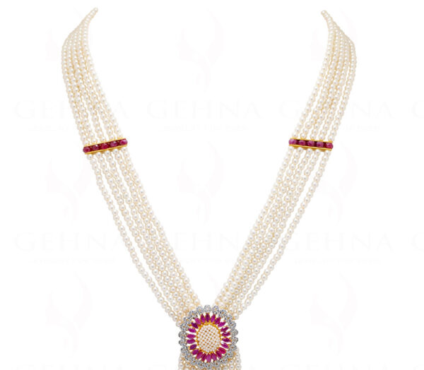 Ruby & Pearl Pendant With 5 Rows Tassel Necklace & Earrings Set FN-1047