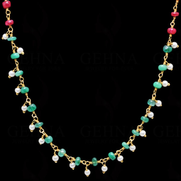 18" Pearl Ruby Emerald Gemstone Bead Chain In .925 Sterling Silver Cm1047