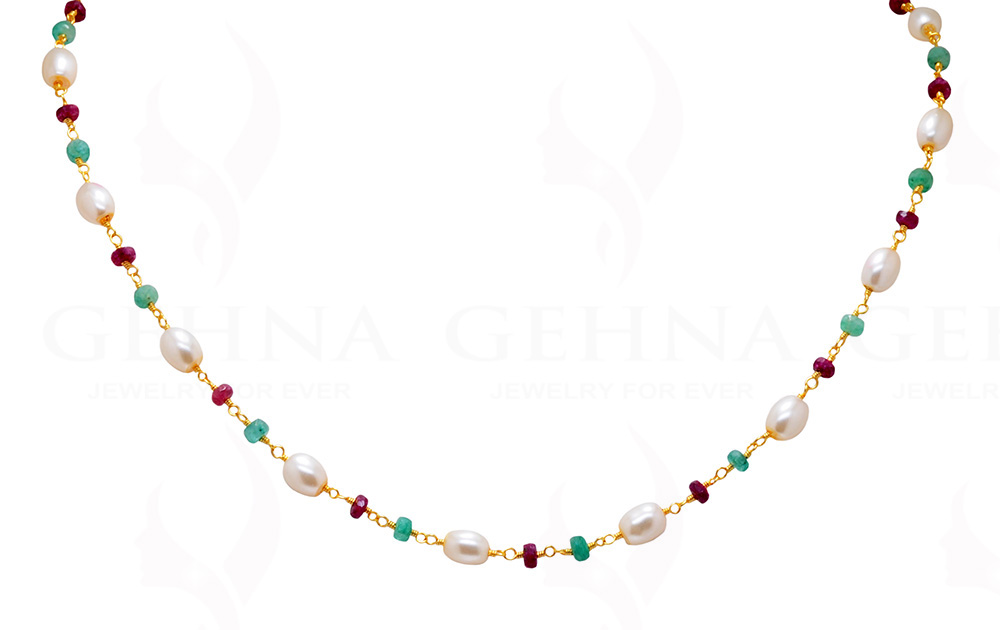 18" Pearl Ruby Emerald Gemstone Bead Chain In .925 Sterling Silver Cm1048