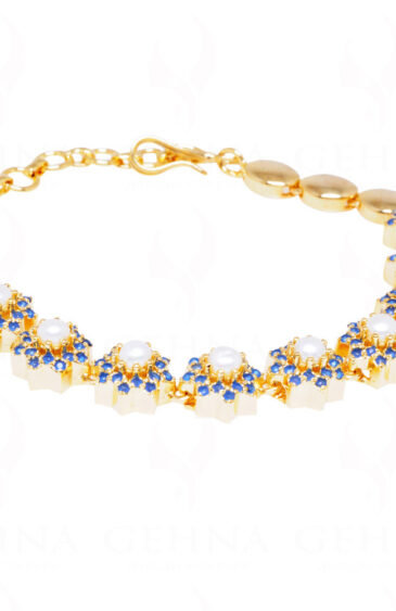 Pearl & Blue Sapphire Stone Studded Gold Plated Bracelet FB-1048