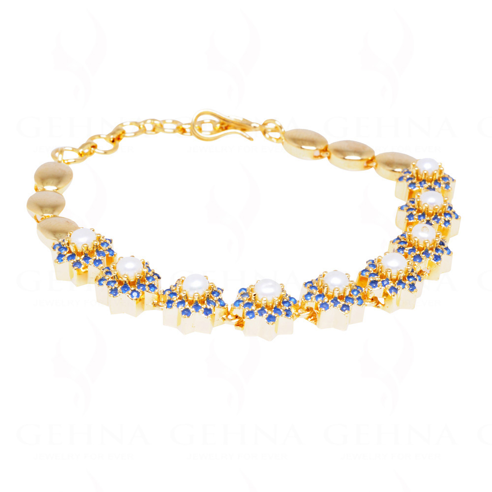 Pearl & Blue Sapphire Stone Studded Gold Plated Bracelet FB-1048