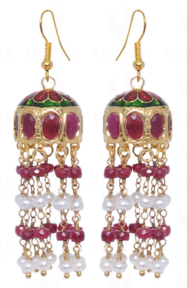 Pearl & Ruby Gemstone Bead With Ruby Studded Jhumki Style Earrings LE01-1048