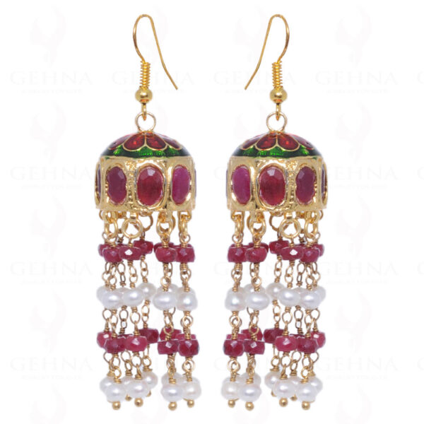 Pearl & Ruby Gemstone Bead With Ruby Studded Jhumki Style Earrings LE01-1048