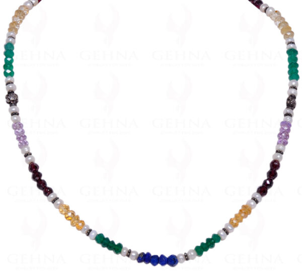 Pearl & Multi Color Gemstone Faceted Bead Strand With Silver Elements NM-1048