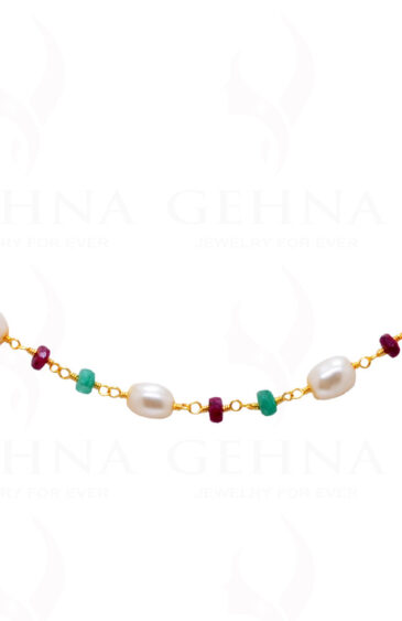 18″ Pearl Ruby Emerald Gemstone Bead Chain In .925 Sterling Silver Cm1048