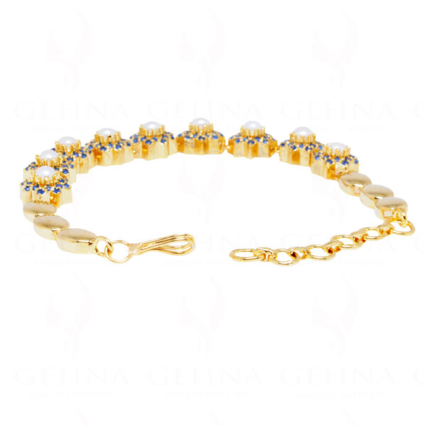 Pearl & Blue Sapphire Stone Studded Gold Plated Bracelet FB-1048