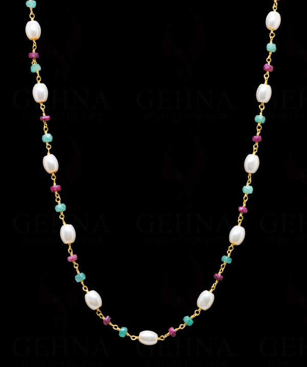 18" Pearl Ruby Emerald Gemstone Bead Chain In .925 Sterling Silver Cm1048