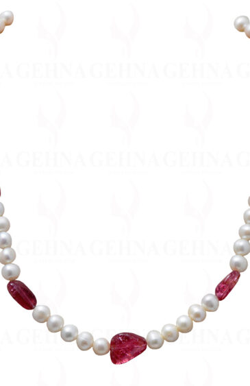Pearl Bead & Pink Tourmaline Gemstone Tumble Necklace NM-1049
