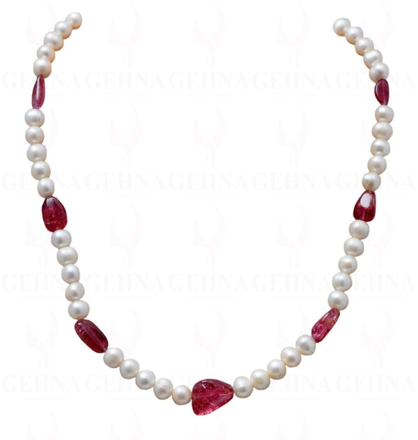 Pearl Bead & Pink Tourmaline Gemstone Tumble Necklace NM-1049