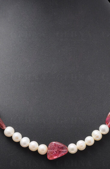 Pearl Bead & Pink Tourmaline Gemstone Tumble Necklace NM-1049